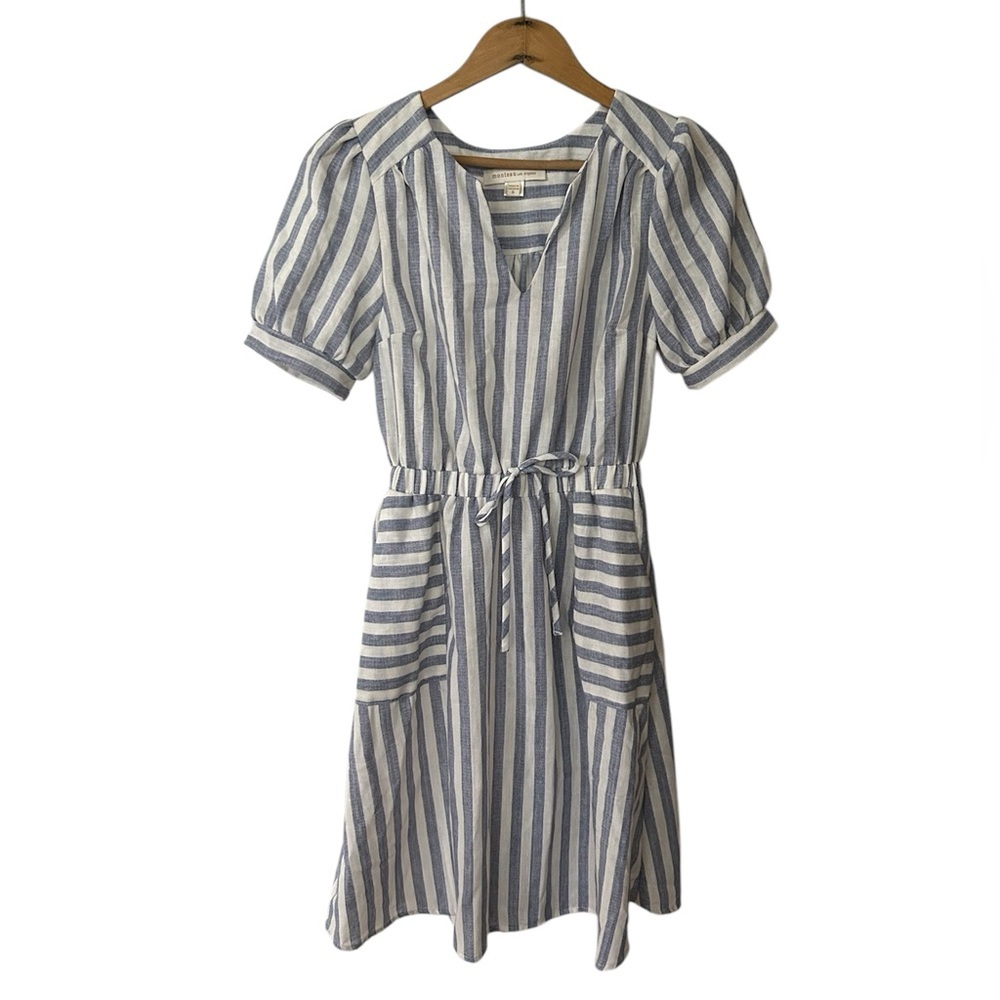 Monteau | Women’s blue/white elastic waist short puffer sleeve dress, pockets S